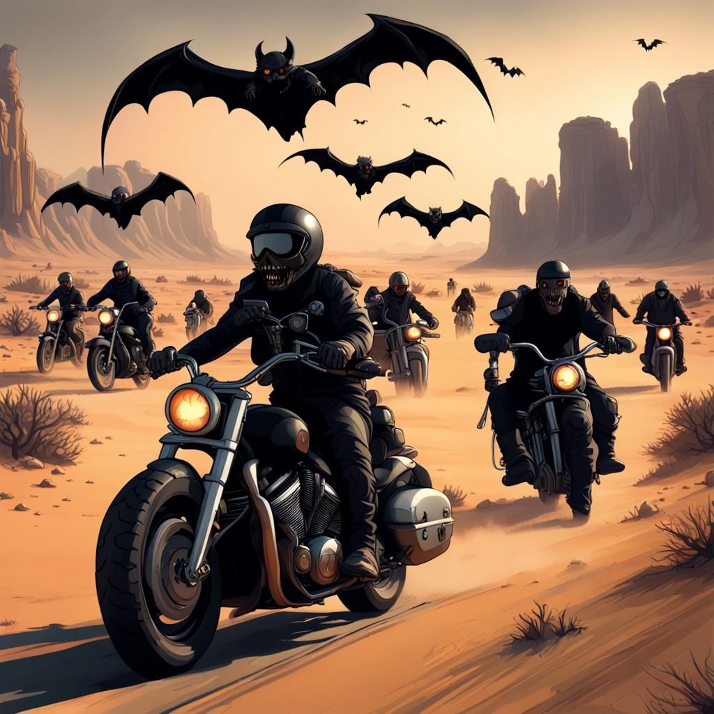 Motorbike Gang in Zombie Desert: Dark Fantasy Art