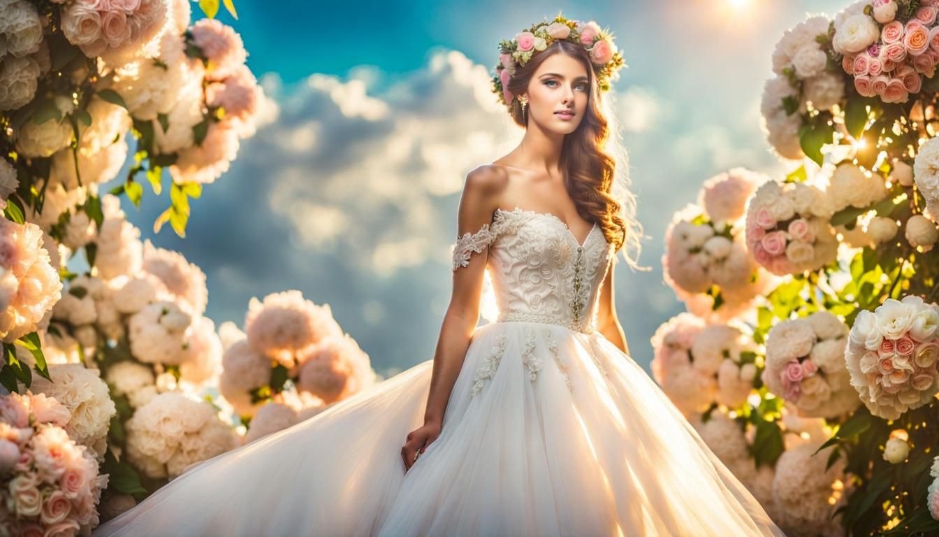 Bride in Floral Wedding Gown with Divine Light