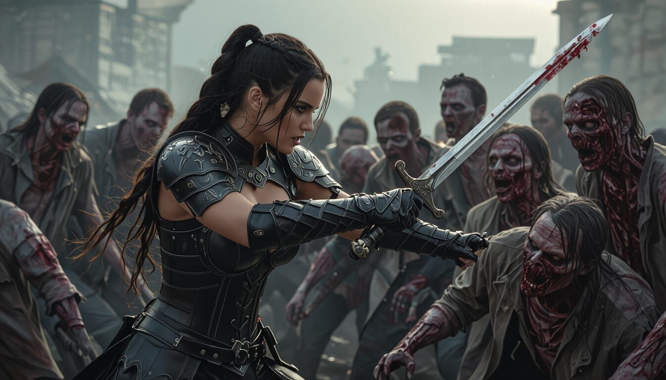 Warrior Princess Fights Zombies in Black Leather Armor