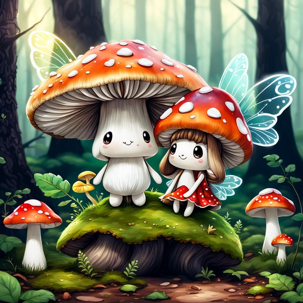 Mushroom Couple with Fairy Wings Illustration