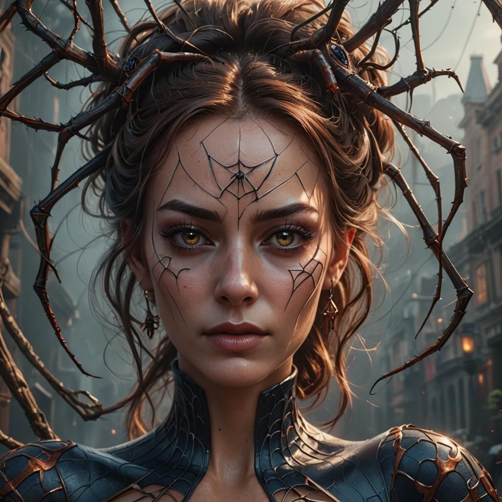 Spider on Woman's Face: Detailed Fantasy Art