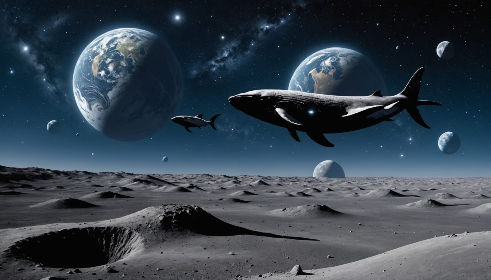 Whales Breach Lunar Surface with Earth in Sky
