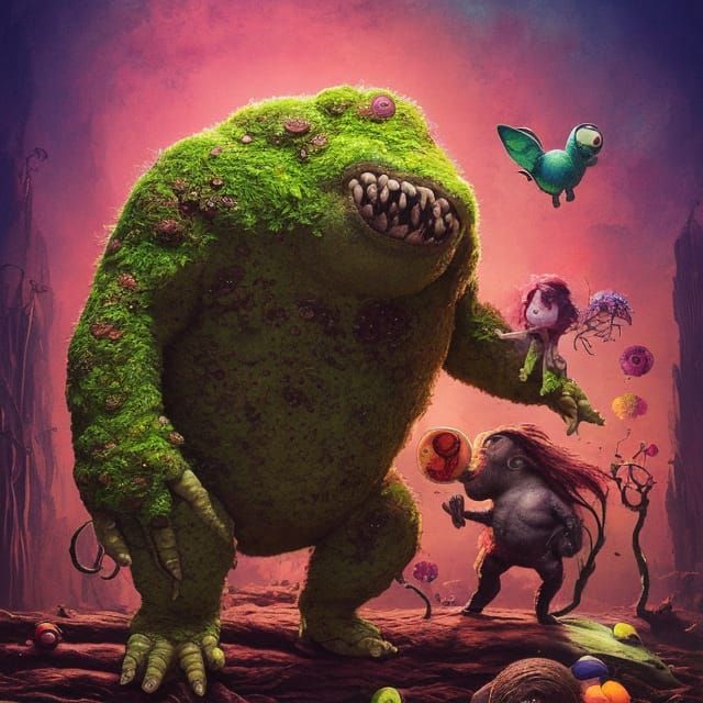 Creepy Belly Monster in Rocks and Moss