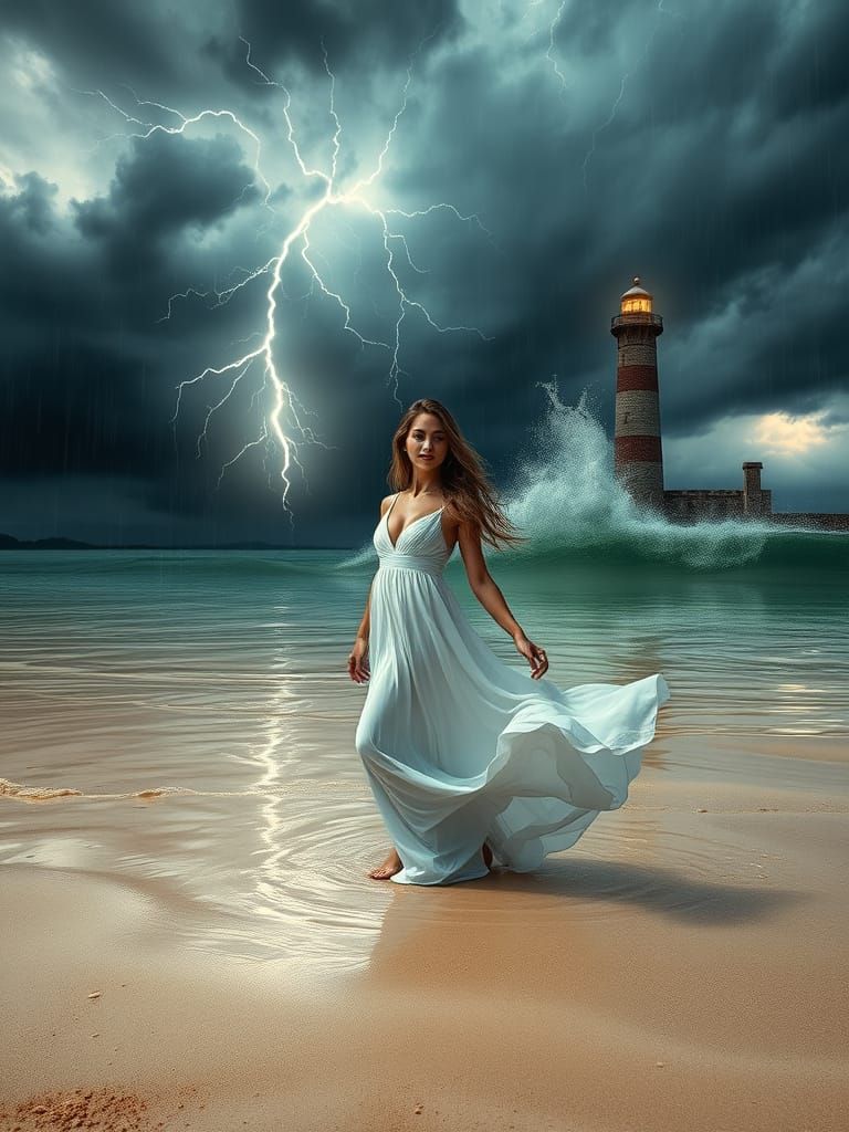 Serene Woman Amidst Turbulent Stormy Seascape