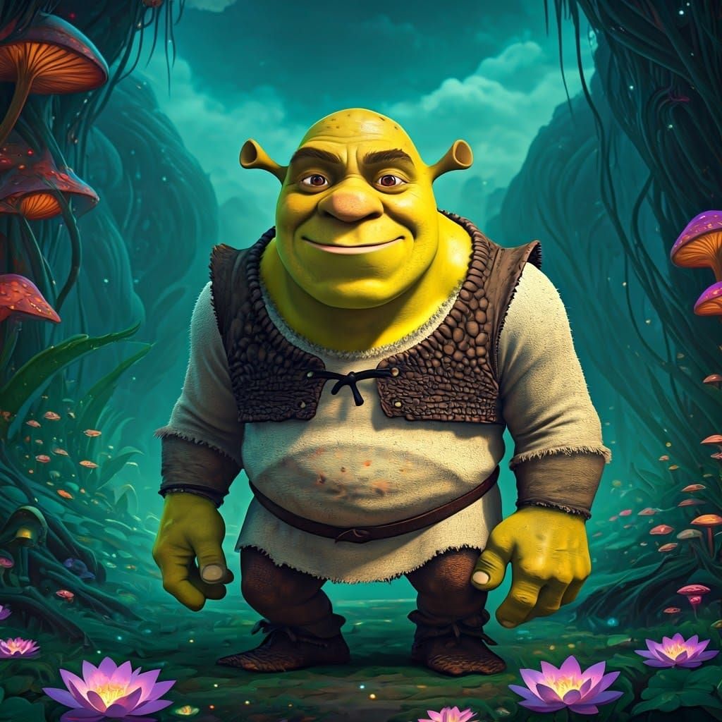 Mystical Shrek-Gru Creature in Emerald Fantasy Landscape