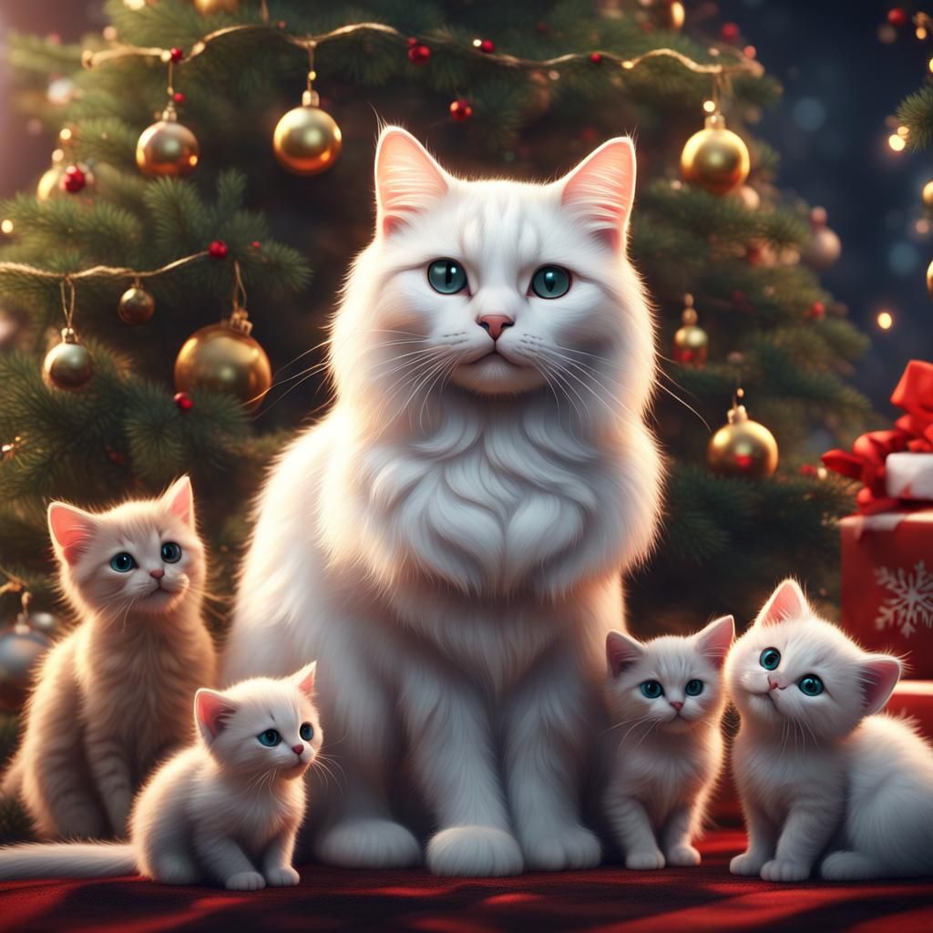 Cute Cat Family Under Christmas Tree in Detailed Painting