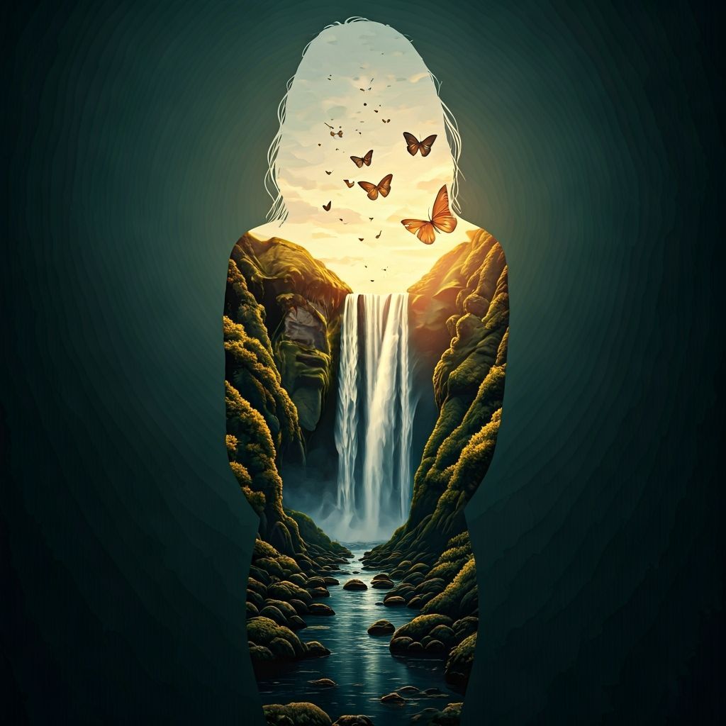 Woman Silhouette Filled with Waterfall and Butterflies