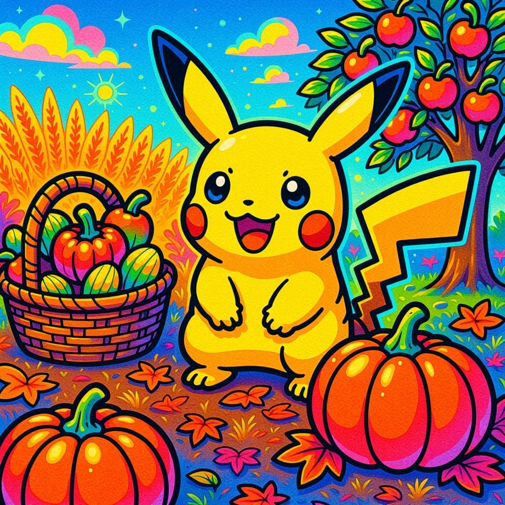 Pikachu Enjoys Autumn Harvest With Red Apple