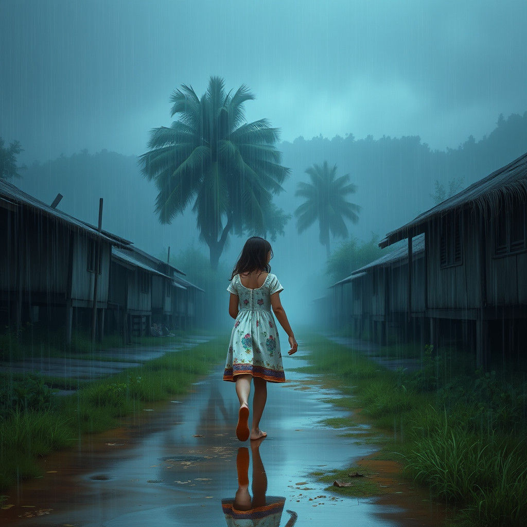 Girl Walking Barefoot in Light Rain
