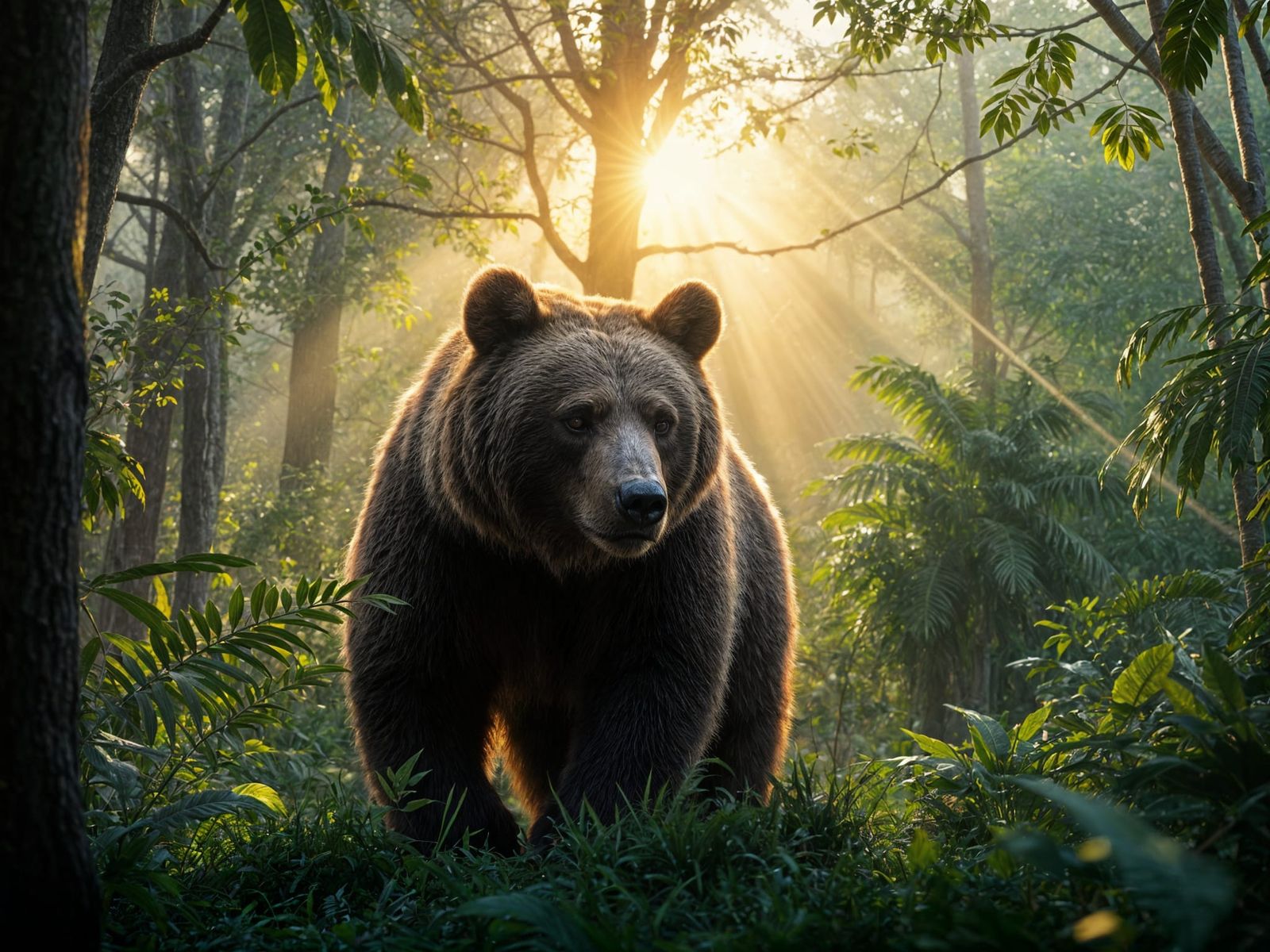Brown Bear in Tropical Jungle at Dawn