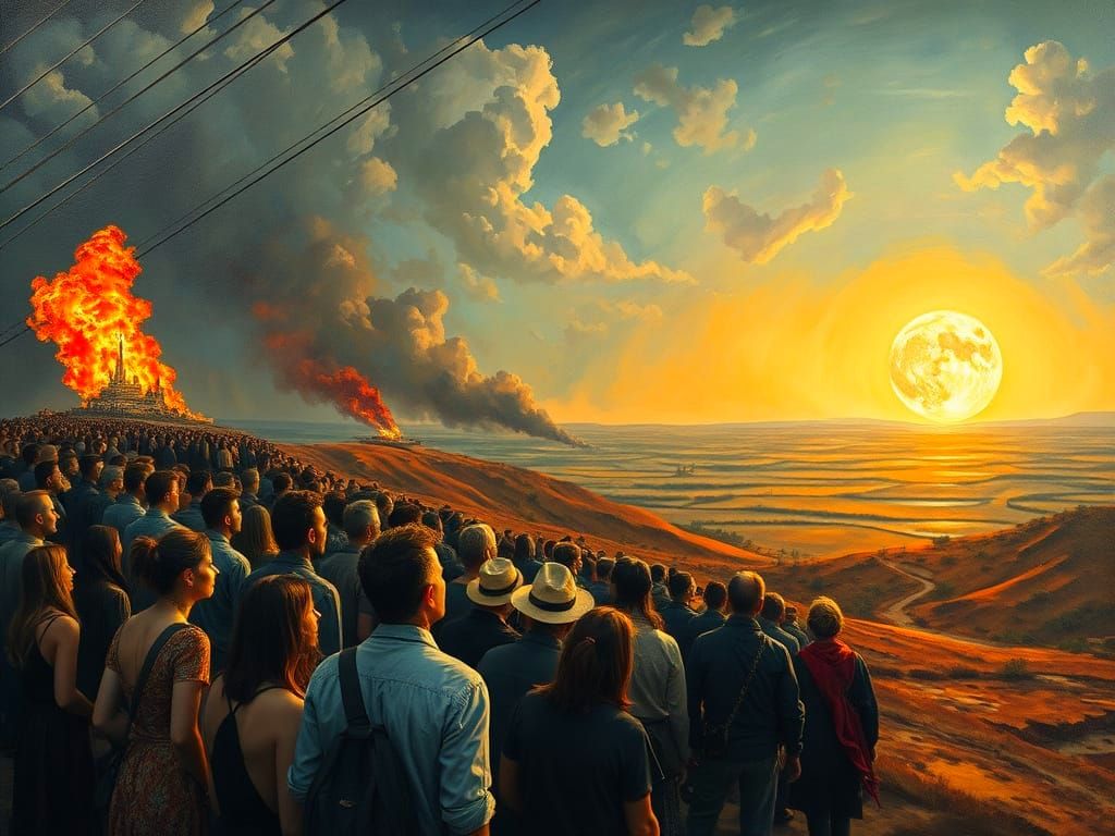 Surrealist Crowd Gazes at Fiery Horizon in Dali-Inspired Sce...