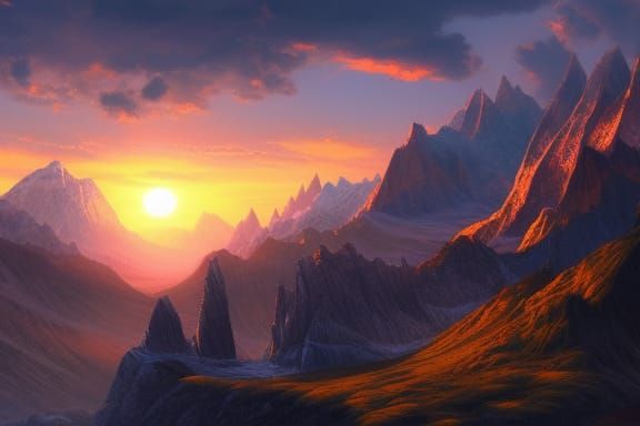 Majestic Mountain Sunset in Detailed Matte Painting