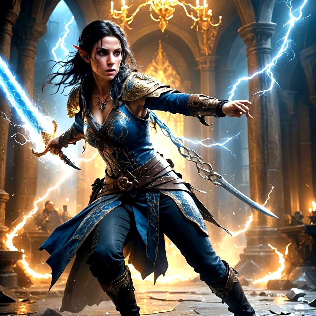 Half-Elf Rogue in Treasure Hall with Lightning Sword