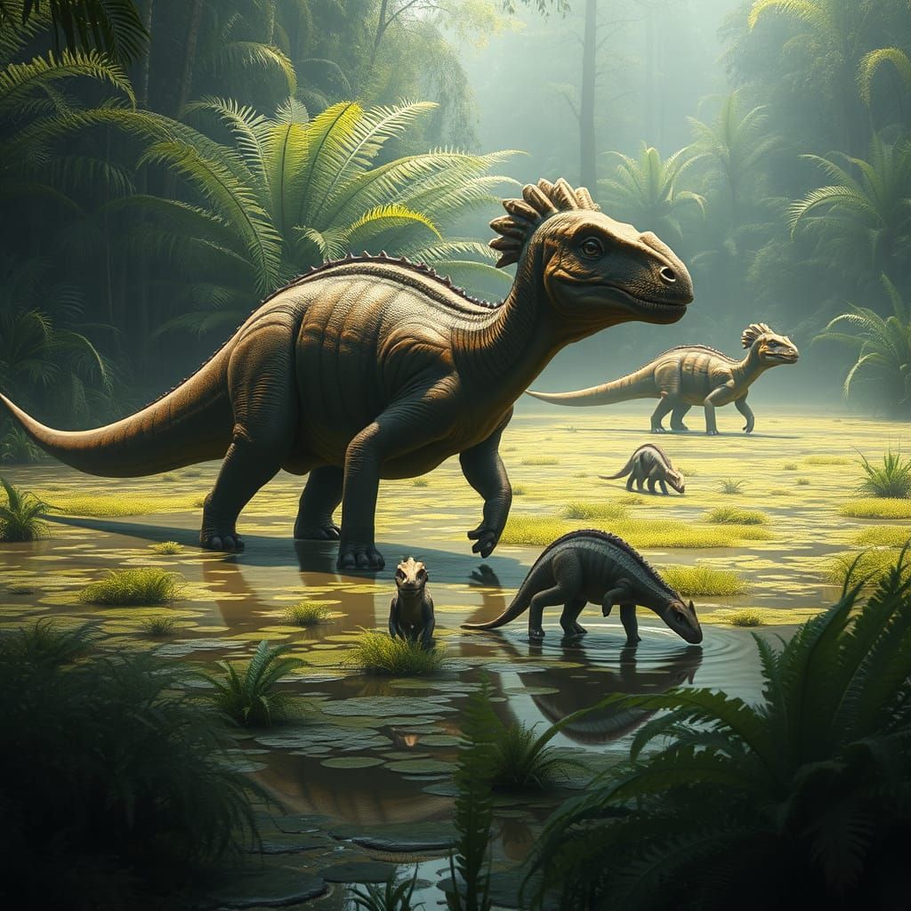 Brontosauruses Grazing in Prehistoric Marshland