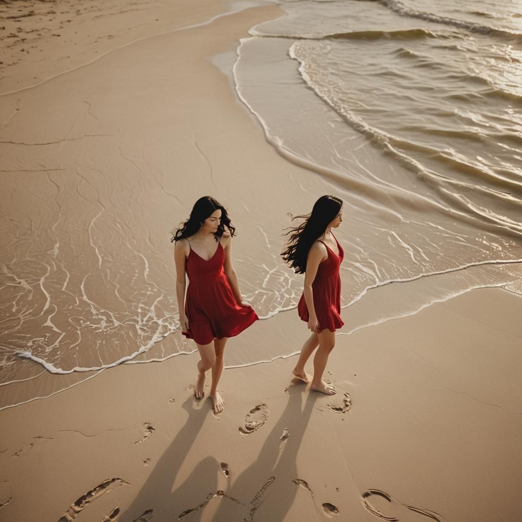 Young Woman in Red Dress on Beach Portrait