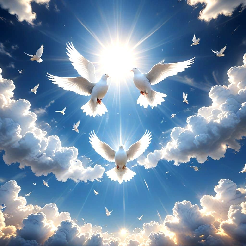 Heavenly Gates Open with Doves in Ethereal Light