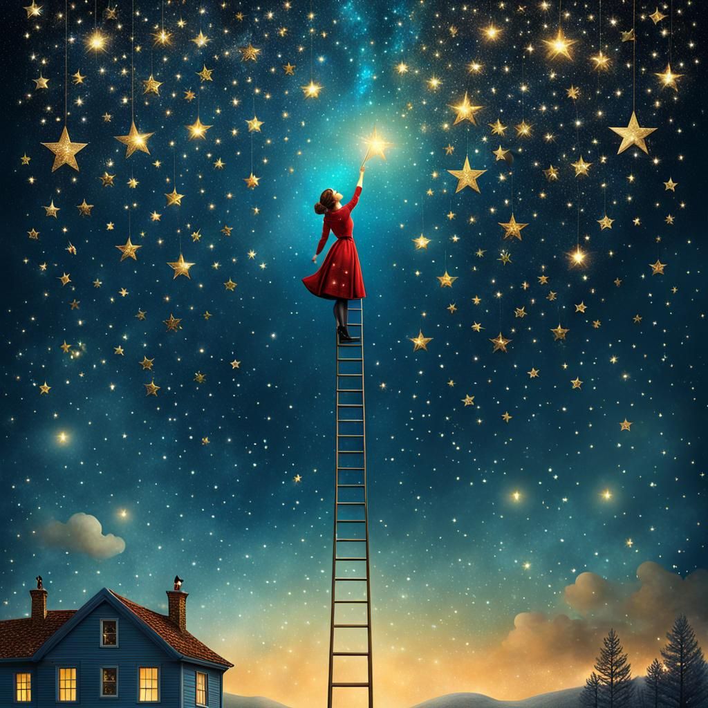Girl Places Stars in Sky: Whimsical Illustration