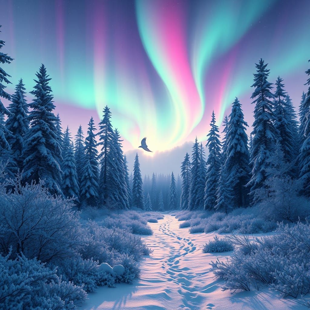 Whispering Winter Wonderland Under Ethereal Aurora