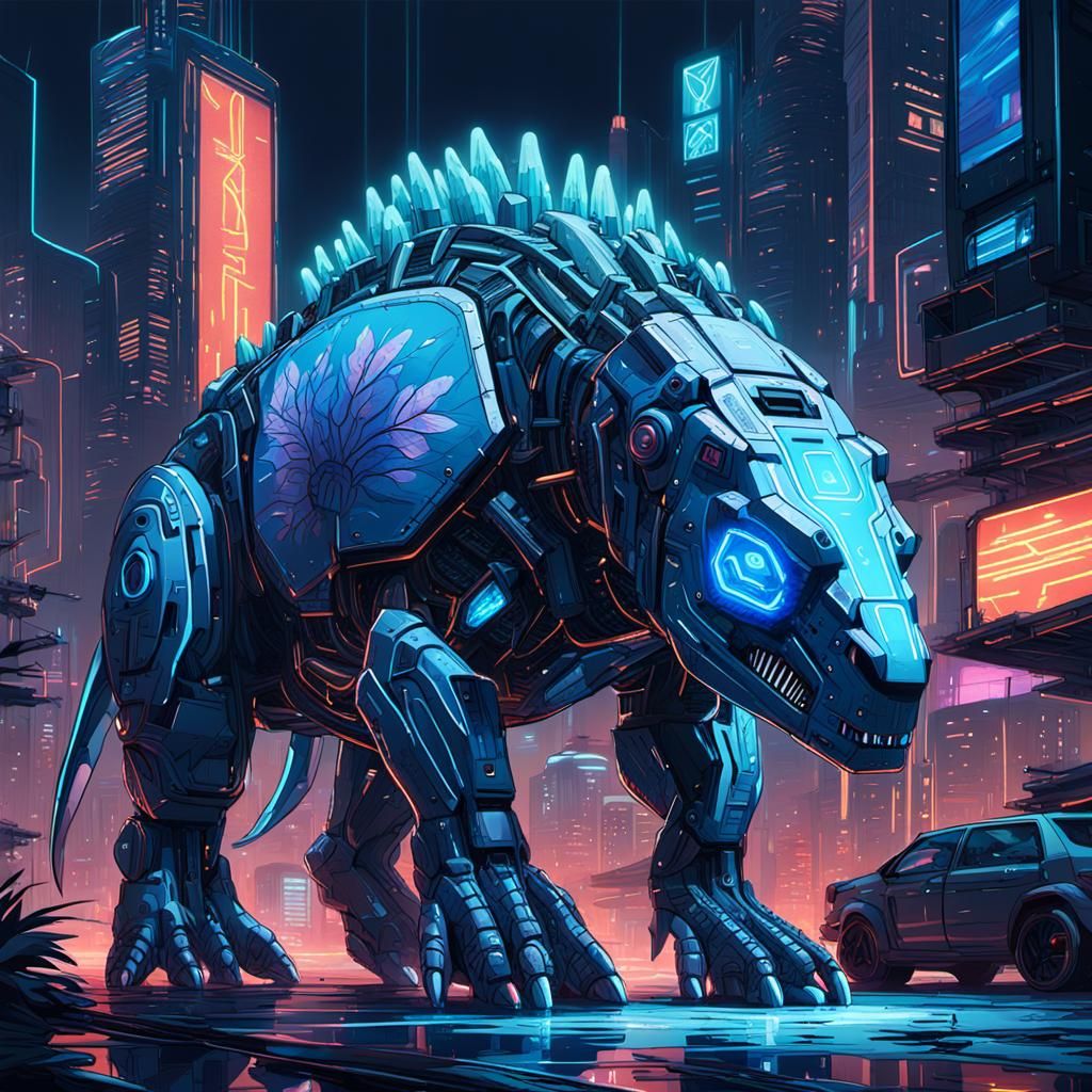 Cybernetic Dicynodont in Cyberpunk Fantasy Landscape