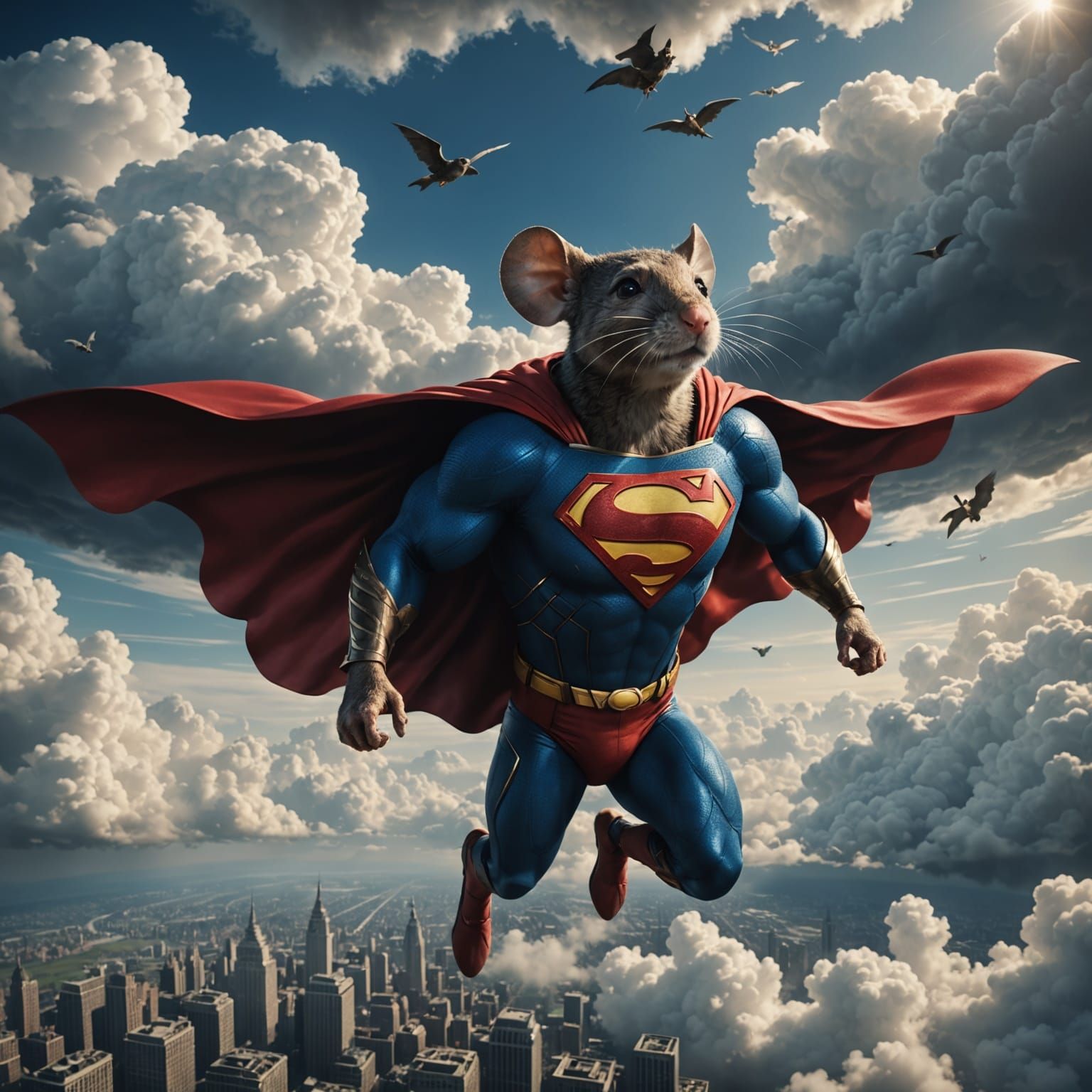 Mouse wearing a Superman cape soaring in the clouds