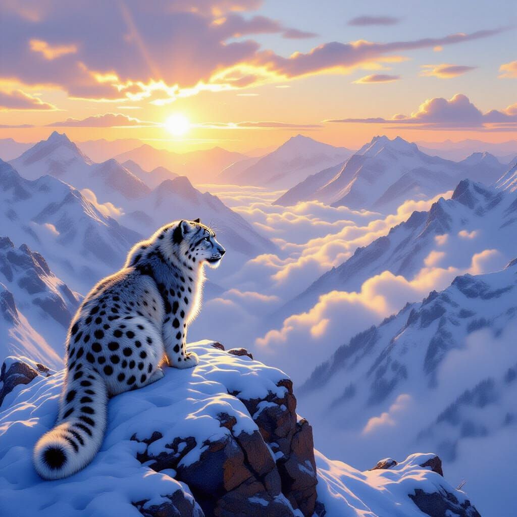 Majestic Snow Leopard on Mountain Peak at Dawn