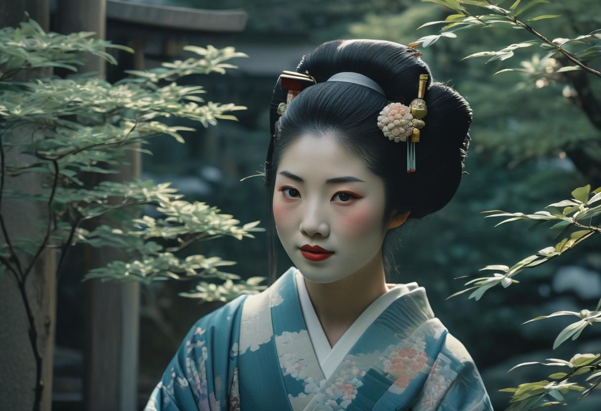 Ukiyo-e Geisha Portrait in Tranquil Tokyo Garden