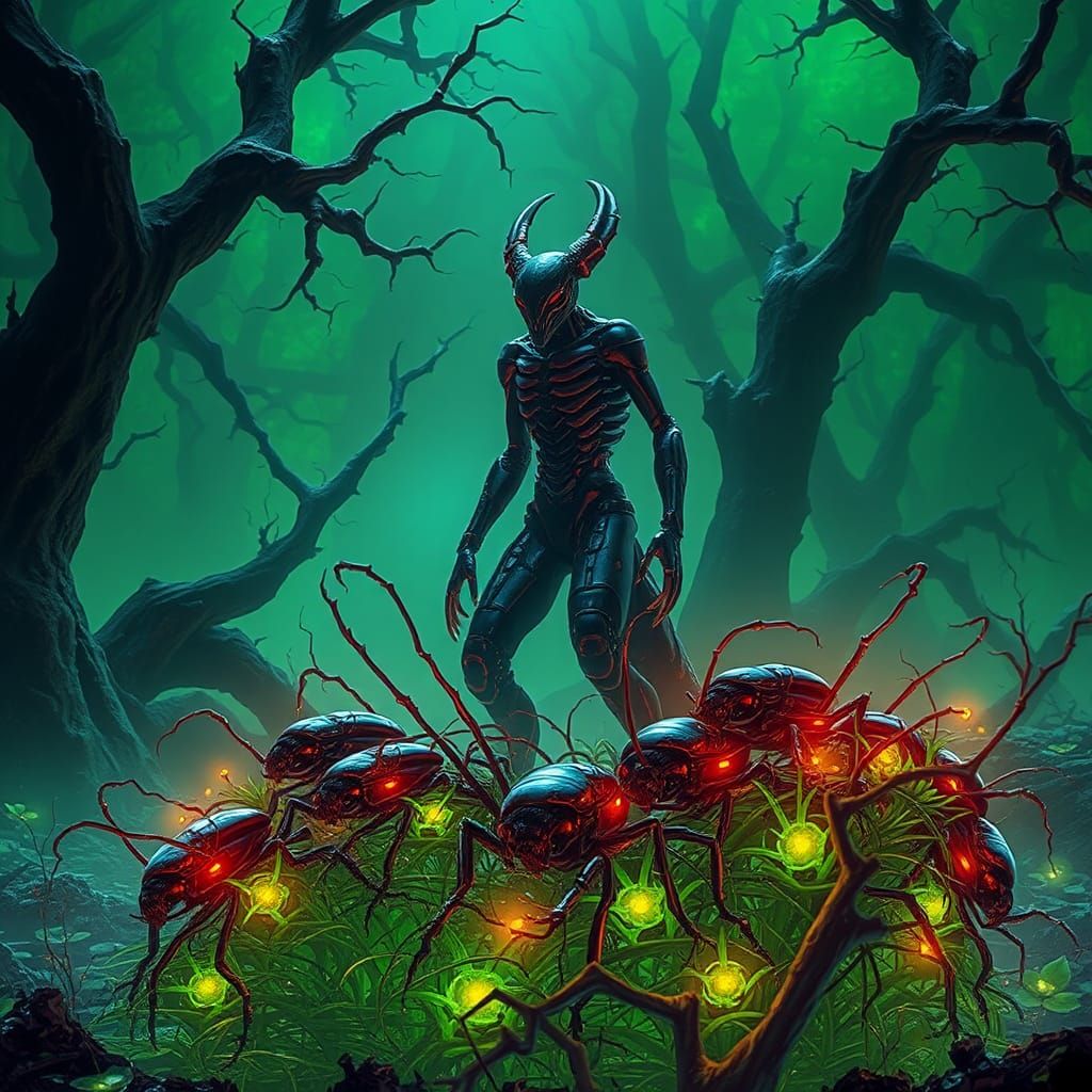 Scorpion Wolf Hybrid in Glowing Biomechanical Bog