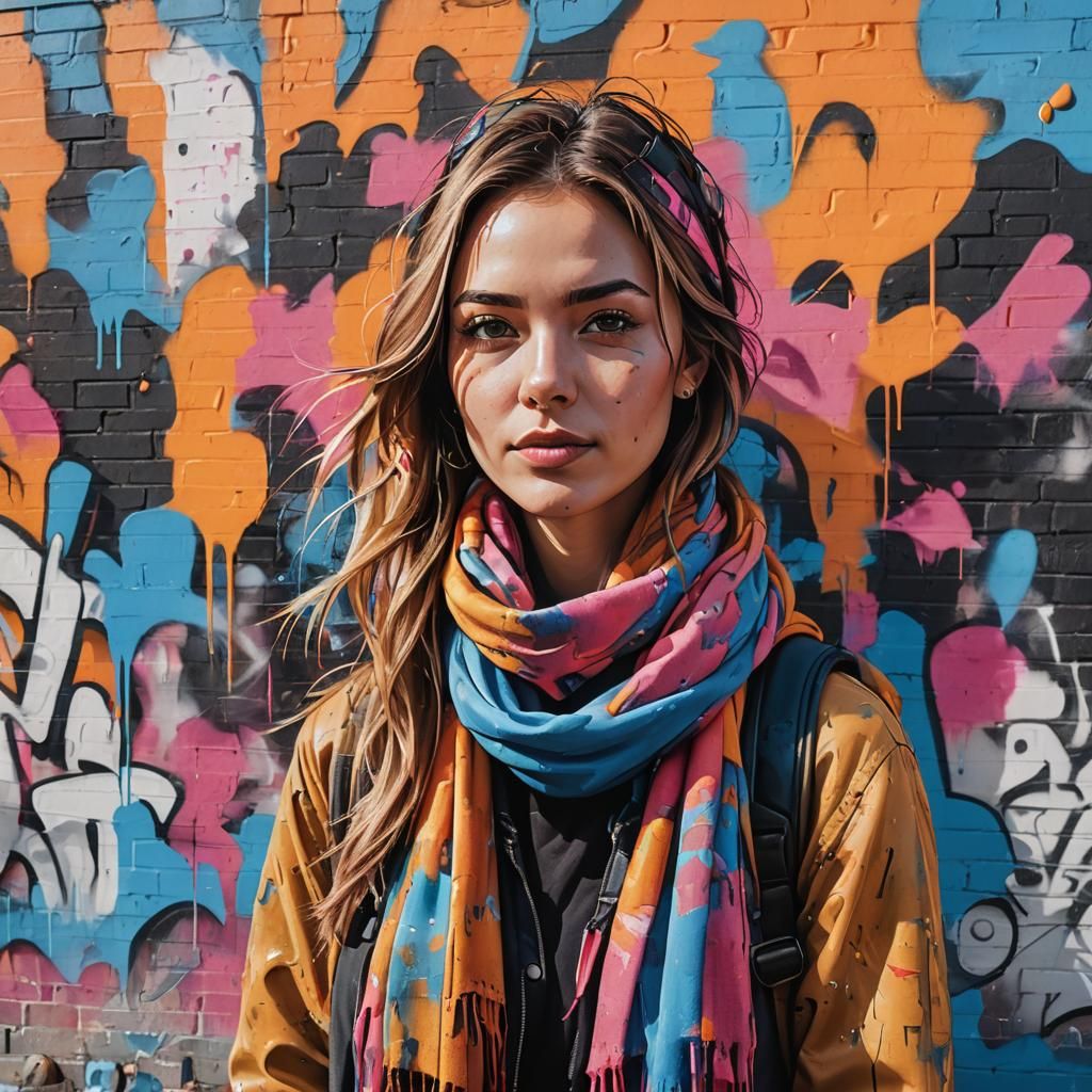 Girl in Autumn Outfit: Graffiti-Style Urban Portrait