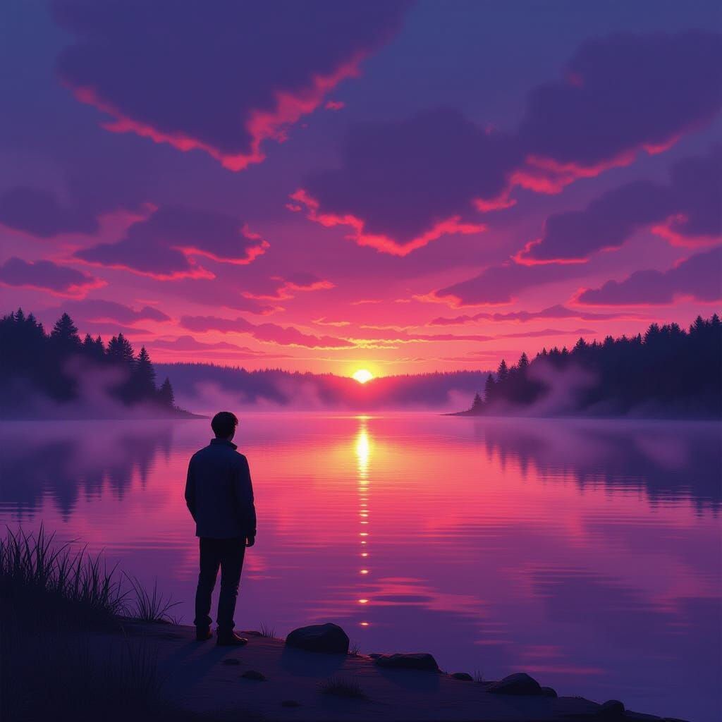 Man on Shore Reflects Vibrant Sunset Over Serene Lake