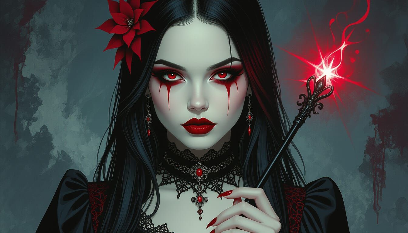 Goth Girl With Crimson Makeup Holds Eerie Wand