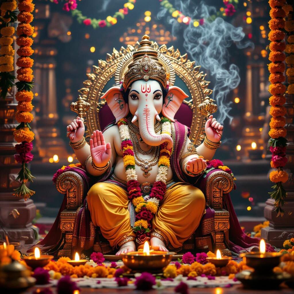 Lord Ganesha on Golden Throne with Divine Light