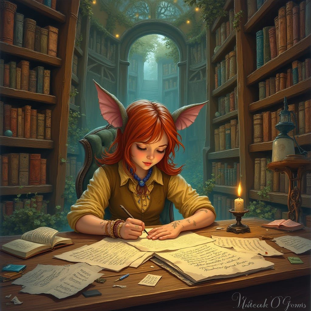 Whimsical Writer in Enchanted Library