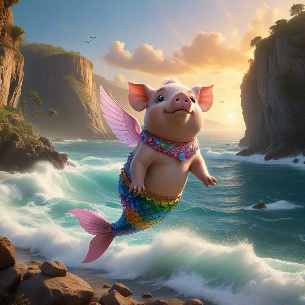 Whimsical Pig in Flight with Rainbow Mermaid Tail and Sunset