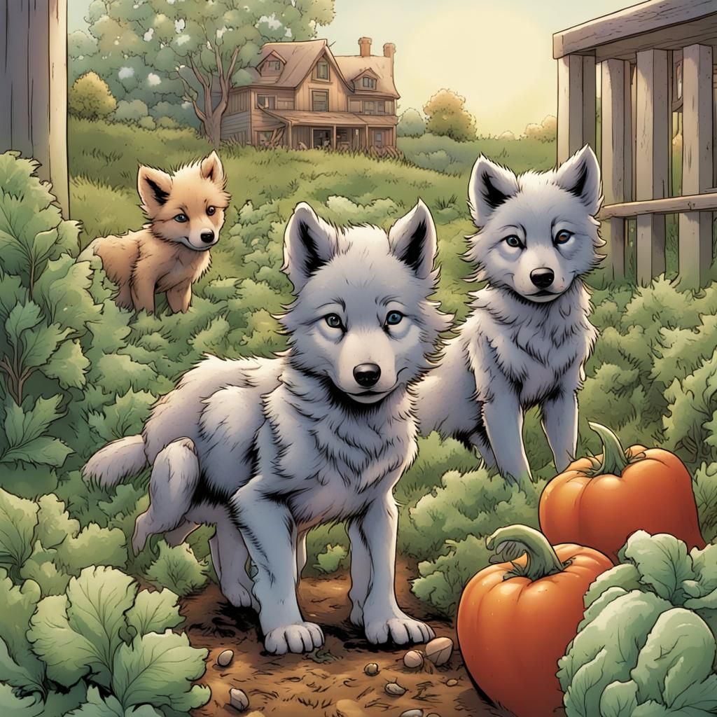 Wolf Pups Explore Vegetable Patch: Comic Art