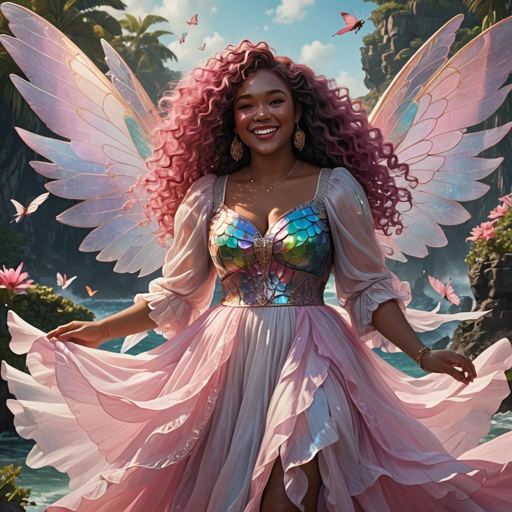 Plus-Sized Black Woman Fairy with Iridescent Wings