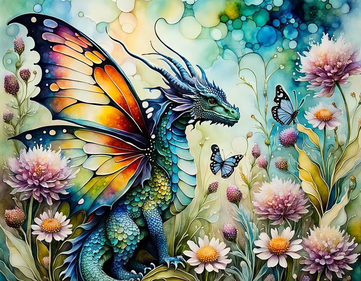 Tiny Dragon with Butterfly Wings in Meadow
