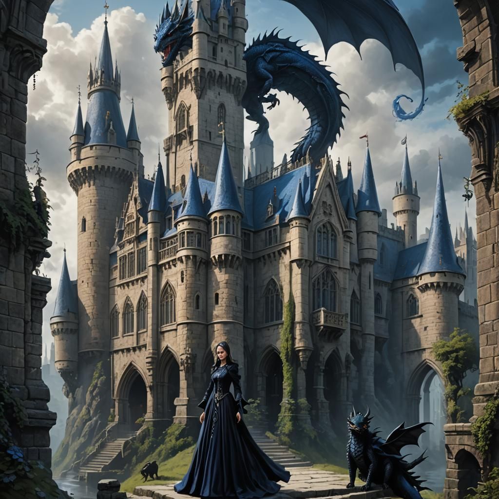 Gothic Castle Scene with Wizard and Dragon