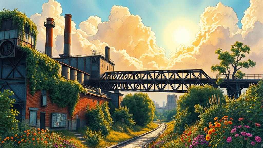 Abandoned Factory Landscape in Watercolor Comic Style