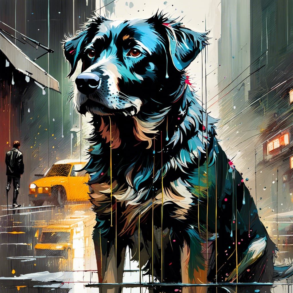Dogs in Rainy Street: Textured Speedpaint Style