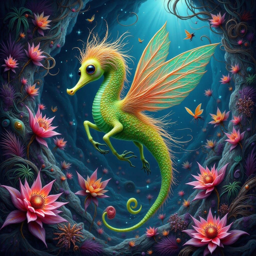 Glowing Seahorse Creature in Bioluminescent Cave, Digital Ar...