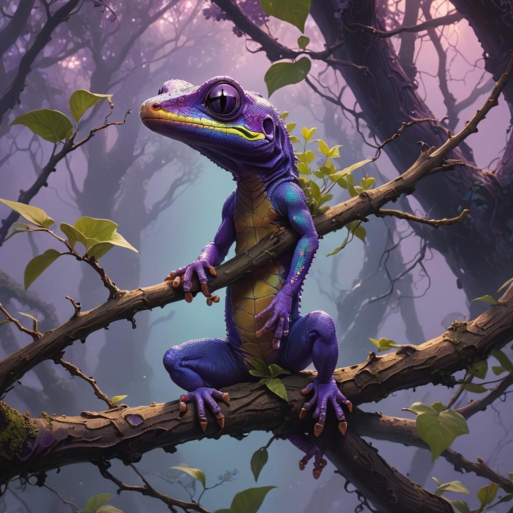 Gemstone Gecko on Ancient Branch, Digital Matte Painting