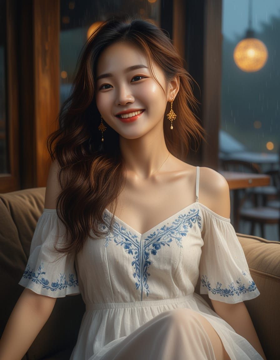 Korean Woman in Cafe: Romantic Realism Portrait