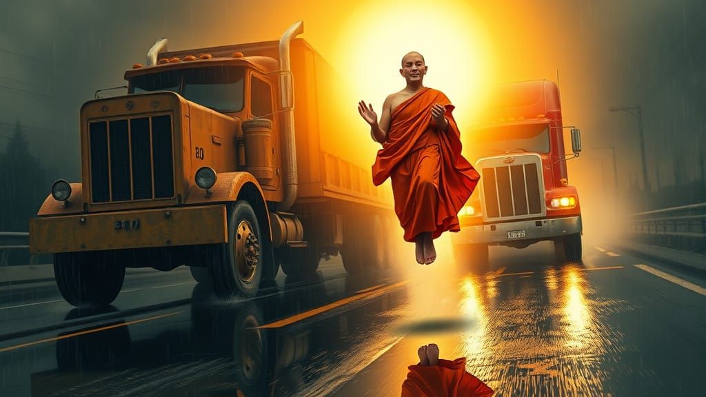 Surreal Monk Confronts Oncoming Truck in Golden Light