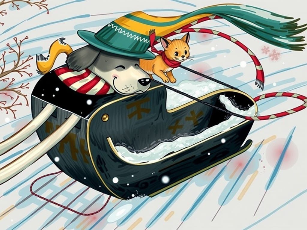 Happy Dog Rides Sled in Winter Wonderland