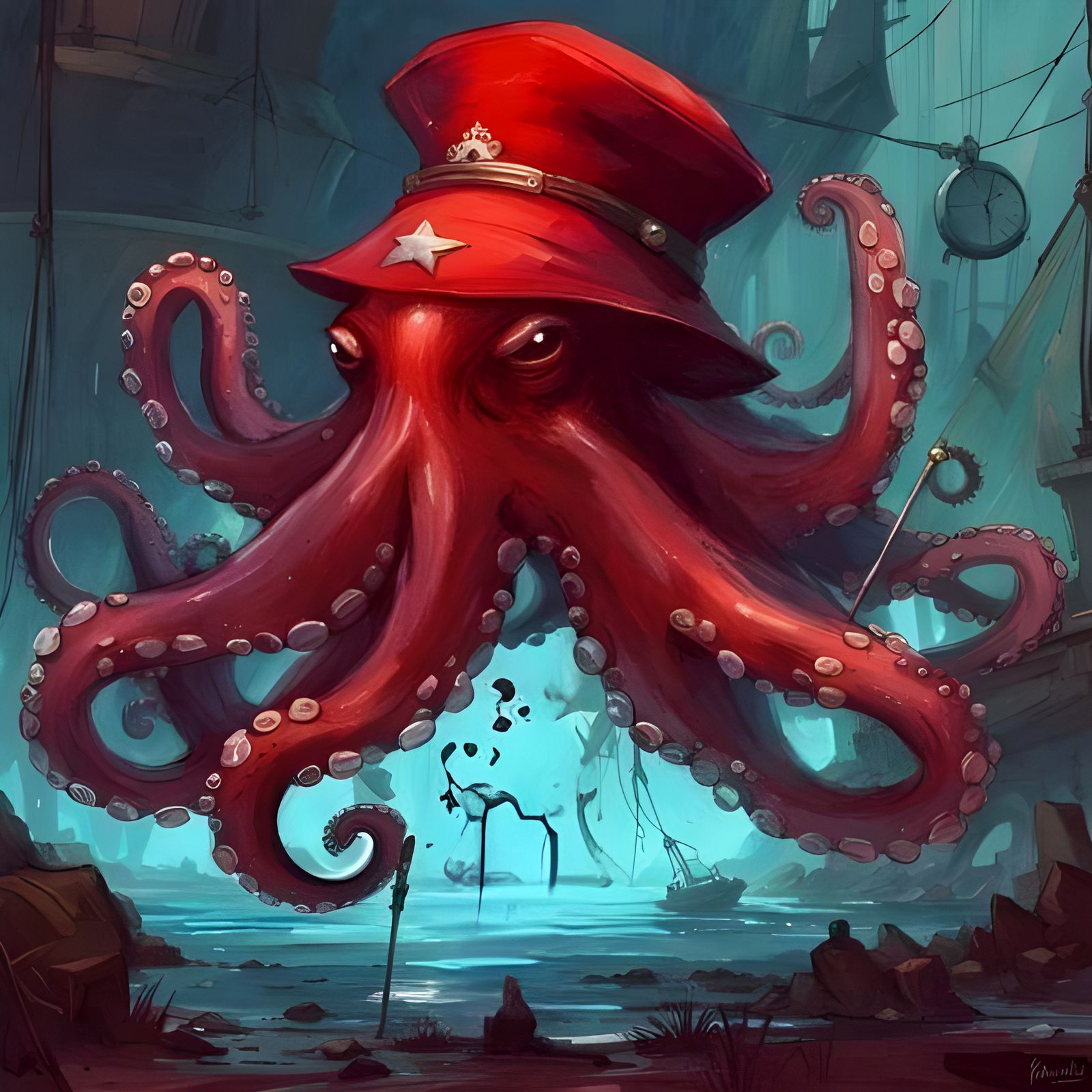 Red Octopus with Captain's Hat: Fantasy Art