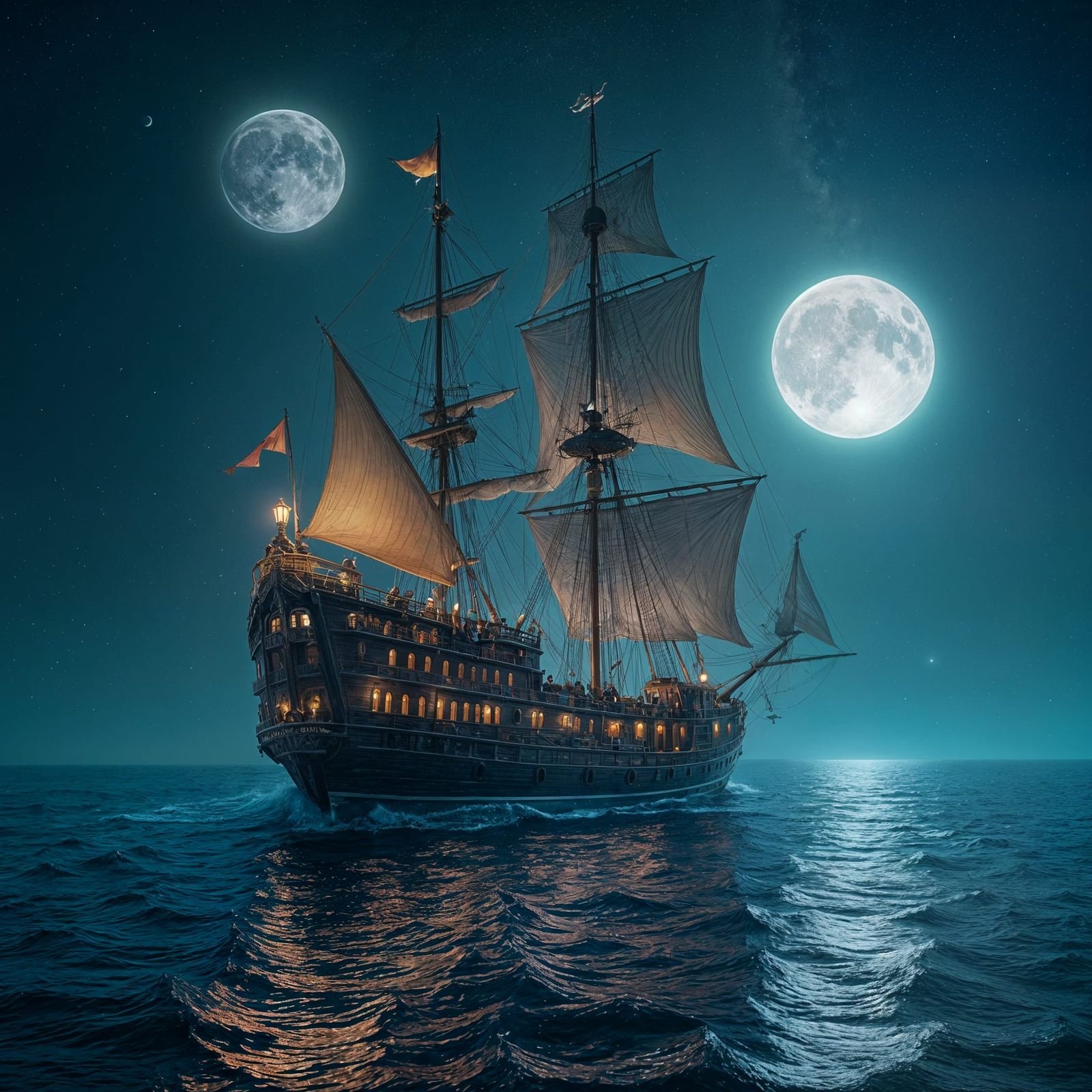 Galleon Sails Starry Ocean with Two Moons