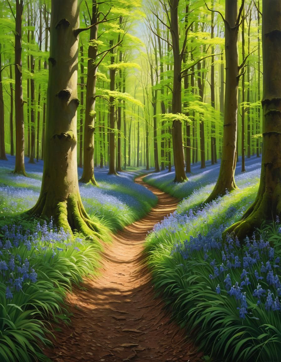 Bluebell Forest Path: Detailed Oil Painting