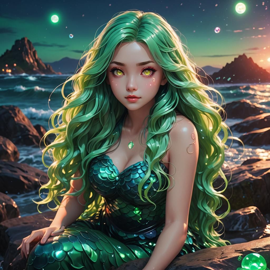 Anime Mermaid Portrait with Neon Glow in 3D