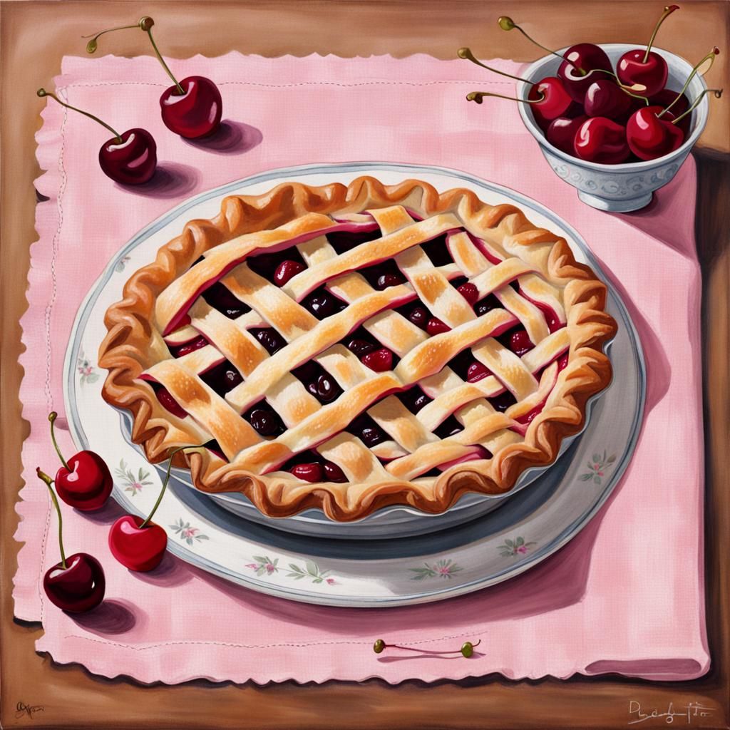 Simple Cherry Pie Still Life with Pink Napkin