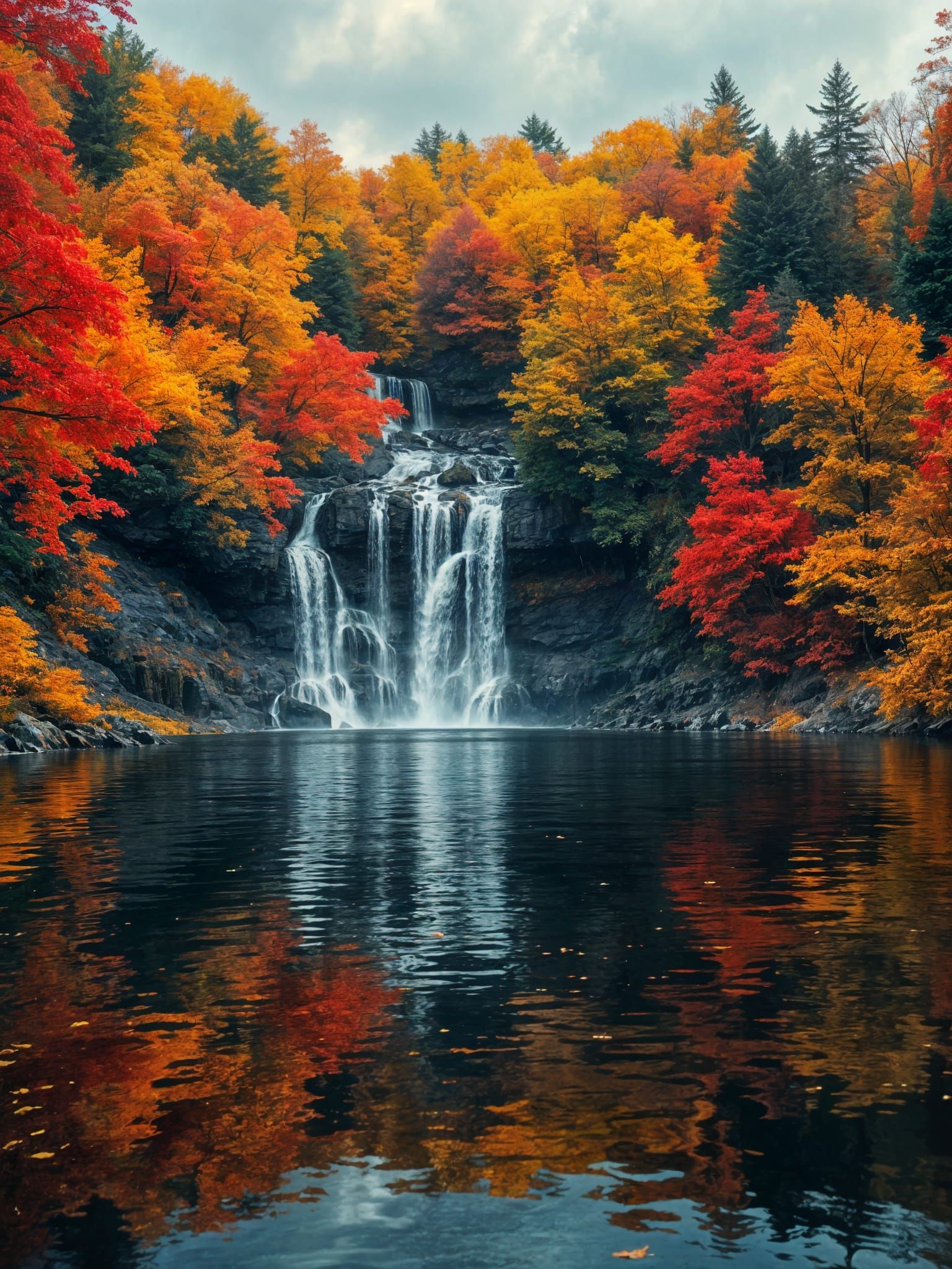 Autumn Waterfall Vivid Reds Oranges Golden Yellows